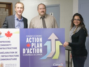 The Nampa Ag Society received a promise of just over $53,000 for infrastructure repairs to the Nampa Complex from the Government of Canada on behalf of MP Chris Warkentin (left). Also pictured in photo is president of the ag society Jason Javis and Kristy Provost.