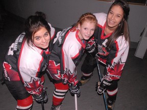 Sydney Hodgson (left), Emily Morey, and Maddi Damota, all 14, of the Norfolk HERicanes Bantam Black team will take part in the eighth annual Cassie Turner Memorial Tournament in Simcoe on the weekend. Thirty-seven teams from across Ontario have entered. (DANIEL R. PEARCE Simcoe Reformer)