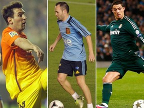 Andres Iniesta, Lionel Messi and Cristiano Ronaldo (left to right) are this year's finalists for FIFA's Ballon d'Or. (Reuters)