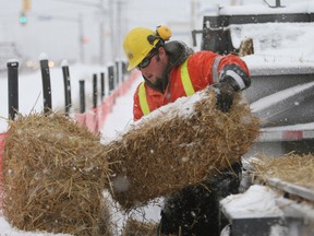 Sean Piazza from the City Parks puts hay bales in front of a snowfence at the bottom of Finn Hill on Monday. The snow fence and hay bales prevent those using the popular snow sliding hill from sliding into traffic on Black Road.