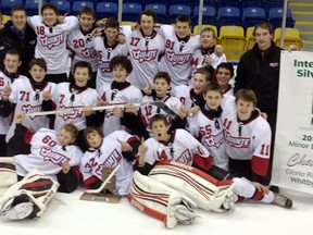 The Duvanco Homes Quinte Minor Bantam Red Devils won the North American Silver Stick championship this past weekend in Whitby. Team members include: Jett Alexander, Anthony Popovich, Jakob Brahaney, Brock Bronson, Domenic Della Civita, Scoley Dow, Keegan Ferguson, Ryan Fraser, Brady Gilmour, Nick Hoey, Mac Lowry, Aidan McFarland, Matthew Panetta, Shelby Rienstra, Ryan Smith, Colin VanDerHurk, Mackenzie Warren, Jake Wilson, head coach Patrick Shearer, assistant coach Terry Gaebel, assistant coach Brent Heusinkveld, trainer Grant Pope, manager Tina Warren, and strength and conditioning coach Matt White.