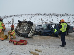 An unidentified male died at approximately 8:40 a.m. Thursday morning when his southbound Suzuki SUV lost control, went airborne, and crossed into Highway 216's northbound lanes just south of Wye Road, causing a head-on collision with a Dodge Dakota. The driver of the Dakota, a 21-year-old male, was airlifted to an Edmonton hospital with life-threatening injuries. The passenger in the Dakota, a 19-year-old female, was transported to a hospital via ground ambulance. According to Strathcona County RCMP, speed is not considered to be a factor in the collision. Michael Di Massa/Sherwood Park News