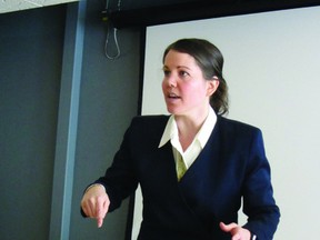 Dr. Lisa Graham of Heartland Naturopathic Wellness Centre in Portage la Prairie spoke at a Women in Business luncheon held at the PCU Centre, Thursday. She spoke to the group about mindful based stress reduction. (ROBIN DUDGEON/THE DAILY GRAPHIC/QMI AGENCY)