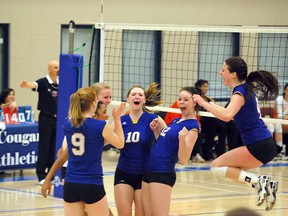 The Bev Facey Falcons senior girls volleyball team reacts with delight after a come-from-behind victory over Calgary’s William Aberhart in the 4A provincial semifinals last weekend in Lethbridge. Photo supplied