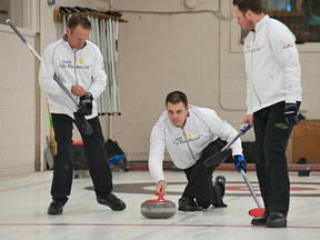 BRIAN THOMPSON, The Expositor

Skip Wayne Tuck delivers a rock as Jay Allen (left) and Caleb Flaxey get ready to sweep during action Thursday at the Brantford Nissan Classic at the Brant Curling Club. The bonspiel continues until Sunday.