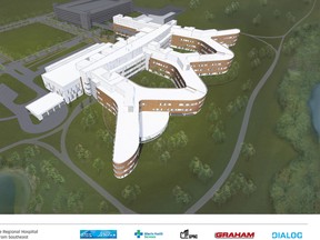 An aerial view from the southeast of the design plans for the new Grande Prairie Regional Hospital. (Supplied)