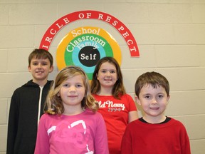 STRONG START COIN DRIVE WINNERS

Grade 2 student Parker Reid, front right, won the top prize - a tablet PC donated by Your Neighbourhood Credit Union - in a coin drive to raise money for Cobblestone Elementary School's Strong Start reading program. Second prize - a $75 Walmart gift card - went to Grade 8 student Brent Young, back left, while sisters Ashley and Morgan Alexander shared third place and a $50 Swiss Chalet gift card. The entire school raised $503.65. MICHAEL PEELING/THE PARIS STAR/QMI AGENCY