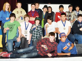 A group of bantam Warriors football players pose with their medals given to them at the Wetaskiwin & District Amateur Football Association's annual awards banquet held Nov. 21, 2012, at the Memorial Arts Centre. JEROLD LEBLANC PHOTO/WETASKIWIN TIMES/QMI AGENCY