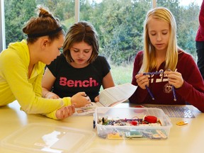Abbey McCormick, Maddy Edey and Amber Splettstoesser concentrated and were determined to create a complete circuit using  a Snap Circuit set.