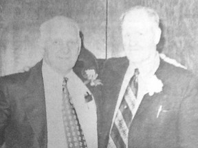 Orla Peterson and John Hanson joined the ranks of High River’s honourary firefighters at the brigade’s annual banquet in this photo from November of 1972.