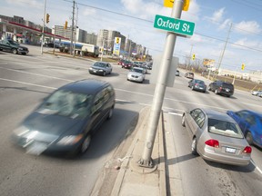 Traffic moves through the intersection of Oxford Street and Wonderland Road, deemed the most accident-prone crossroads in London, earlier this year. (London Free Press file photo)
