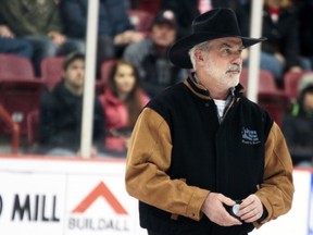 Outdoor Living Network Mantracker star Terry Grant, dropped the puck at the Soo Greyhounds vs Owen Sound Attack game on  Saturday, Dec., 1, 2012., at the Essar Centre in Sault Ste. Marie, Ont. Grant is in the Sault this weekend promoting his new book  Mantracking: The Ultimate Guide to Tracking Man or Beast. RACHELE LABRECQUE - SAULT STAR/ QMI AGENCY