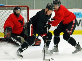 Carleton Ravens goalie Matthew Dupold watches Senators winger Chris Neil battle with Raven Micheal Folkes during a workout last week at the Ice House. The Ravens are having a solid season, sitting in second place in the OUA East Division. (Darren Brown, Ottawa Sun)