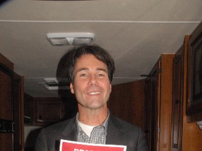 Simcoe native Eric Hoskins, who is running for the leadership of the provincial Liberal party, was in town Friday afternoon to announce the rural strategy that is part of his platform. He met with local supporters in the back of an RV he is using to campaign across Ontario. (DANIEL R. PEARCE Simcoe Reformer)