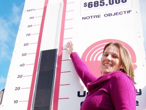 Kim Lauzon-Desjardins, program development director for the United Way of Stormont, Dundas and Glengarry, shows off the fundraising goal sign which is currently at 50%, about 10% behind where they were at the same point last year. They’re looking for individual donors and businesses to help meet their goal.
Staff photo/ERIKA GLASBERG