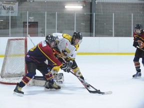 Jake Dawson of the Waterford Wildcats battles for position in front of the Brighton net during Sunday’s midget consolation final at the Tricenturena. Waterford rode solid goaltending en route to a 1-0 win over the Brighton Braves. (MONTE SONNENBERG Simcoe Reformer)