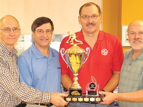 Dan Mano’s Cornwall rink won the 16-team senior men’s (over 55) draw on the weekend, at the 26th Labatt Cornwall Men’s Invitational. From left are Jacques Cadieux (second), Dan Mano (skip), John Baird (third) and Michael Lloyd (lead).