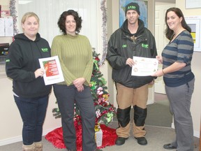 Receiving their advertising prize is Kris and Kristi Walpole from Kiera Merriam, general manager of Shoreline Beacon, and Heather Lorenz, community relations coordinator of the Saugeen Shores Chamber of Commerce last Tuesday morning at the Chamber office. Jonnet Sound took second place in the competition and Coldwell Banker took third.