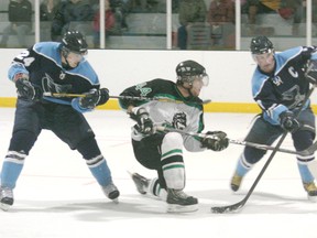 The Ripley Wolves faced the Saugeen Shores Winterhawks in WOAA Senior hockey action on Saturday, December 1, 2012 in Ripley. Despite a late third period charge the Wolves would lose to the Hawks by a final of 5-3. Here, a pair of Saugeen Shores players, as well as their keeper Andrew Smith, can do little but look on with shock and surprise after Wolves forward Ryan Armstrong stunned them all with a sharp puck move between his own legs to score the Wolves third goal of the game in the losing effort against the
Hawks. (JOHN F. ADAMS/KINCARDINE NEWS FREELANCE)