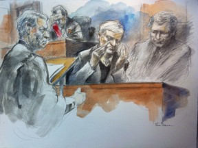 Left to right: Lawyer Christopher Hicks, Justice Robert Clark, Peer Khairi and an interpreter watch as Khairi breaks down while on the witness stand.(Pam Davies sketch)
