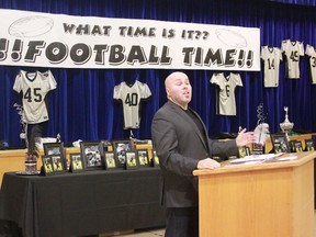 Whitecourt Cats football coach Kevin Babiuk speaks at the Football dinner at the Whitecourt Community Centre on Nov. 28. See story on page B2.
Carla Howell | Whitecout Star
