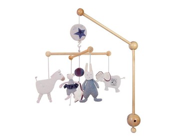 This Aime et Celeste mobile has quirky, soft characters and a wind-up music box ($135). (petittresor.com)