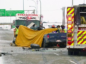 Nathan Brown, 26, died on Highway 216 Thursday morning when his southbound vehicle crossed into oncoming traffic and was hit by a northbound Dodge Dakota south of Wye Road. The two people in the Dakota were hospitalized. Michael Di Massa/Sherwood Park News/QMI Agency