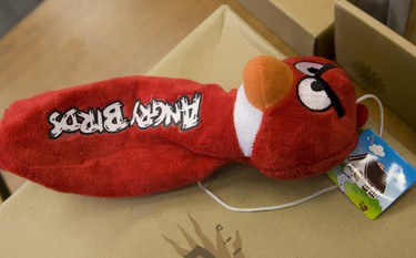 An Angry Birds plush toy has only one tag on it - Made in China - and no company manufacturer tag. It's part of a counterfeit goods seizure in Toronto. (Jack Boland/Toronto Sun)