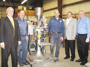 PC energy critic Victor Fedeli joined Mario Drouin and Eric Dubue at Tri-County Stainless in Ingleside Monday. Mayor Bryan McGillis and local MPP Jim McDonell were also part of the discussions on energy pricing in the province.
Staff photo/KATHRYN BURNHAM