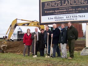 Co-owners and city officials gather to celebrate the official King’s Landing groundbreaking ceremony on Monday. From left are Lise Haines, Allen Gravel, Suzi Godard, JC Godard, Mayor Bob Kilger, acting CAO Stephen Alexander and supervisor, planning division, Ken Bedford. 
Staff photo/ERIKA GLASBERG