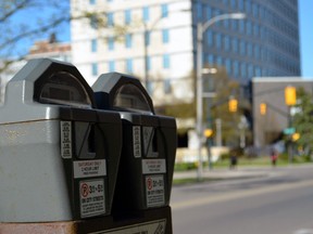 Parking meters on Dufferin Avenue in front of city hall are pictured April 10, 2011. The Civic Works Committee recently decided to defer discussions on extending overnight parking in London to upcoming budget talks. SHOBHITA SHARMA/LONDONER.QMI AGENCY