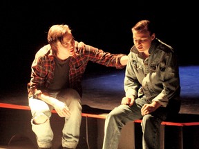 Ponyboy Curtis (Ryan Forbes) consoles Johnny Cabe (Kailyn Sundin) in the Beaver Brae Secondary School drama club’s performance of The Outsiders. The play will be performed at 7 p.m. from Wed. to Sat. at Beaver Brae with 2 p.m. matinees on Sat. and Sun. Tickets are available at the school, HoJoe’s, and the Lake of the Woods Museum. 
JON THOMPSON/Daily Miner and News