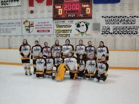 The Fairview Dunvegan Dynamite Bantam Girls with their gold medals after winning a tournament at Winfield on Nov. 24 and 25, 2012. (Photo courtesy of Tammy Brauer.)