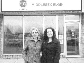 VON Middlesex-Elgin volunteers co-ordinator Jessica Zehr, left, and care and service manager Jill Ouimette outside their South Edgeware Rd. office. The VON is in need of volunteers for the holidays to ensure they can continue to provide services to city and county residents. (Nick Lypaczewski, Times-Journal)