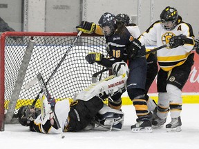 TERRY FARRELL/DAILY HERALD-TRIBUNE
Bruin goalie Rachel Hamilton does not take kindly to Shanell Sawers being in her crease, kicking her in the thigh.