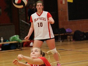CHRISTOPHER SMITH, The Expositor

MacKenzie Coombe of Paris digs out a ball during a high school senior girls volleyball game against North Park on Tuesday.