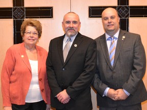 Submitted Photo

Chris Roehrig (centre), director of education for the Brant Haldimand Norfolk Catholic District School Board, stands on Tuesday with June Szeman, who was named  chair, and Rick Petrella, who was named vice-chair, at the board's annual meeting.