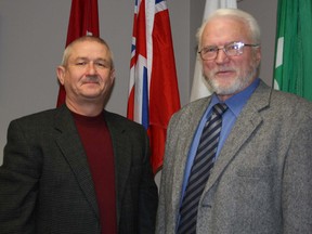 Sudbury's French public school board, Conseil scolaire public du Grand Nord de l'Ontario, re-elected trustees Claude Giroux, left, as board vice-chairperson and Jean-Marc Aubin as board chairperson on Saturday.