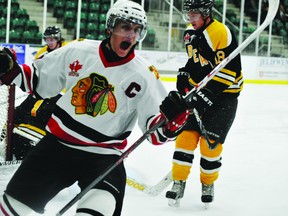 Brockville Braves captain Chris Roll celebrates his shorthanded goal in the team's 4-3 win over Smiths Falls on Tuesday night (STEVE PETTIBONE/The Recorder and Times).