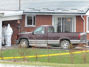 SCOTT WISHART The Beacon Herald 
Police investigators were on the scene Wednesday after a female victim was found dead and a male suffered life-threatening injuries in a shooting incident in a home in the village of Milverton on Tuesday night.