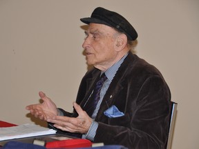 Journalist, editor and prolific author Peter C. Newman speaks to guests at a fundraising dinner Nov. 30, 2012 at the Huntingdon Veterans Hall in Ivanhoe. The event raised about $600 in support of the San Damiano Foundation and its youth centres in Madoc, Tweed and Trenton.