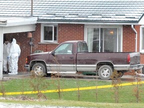 Police investigators were on the scene Wednesday after a female victim was found dead and a male suffered life-threatening injuries in a shooting incident in a home in the village of Milverton on Tuesday night. (SCOTT WISHART, The Beacon Herald)