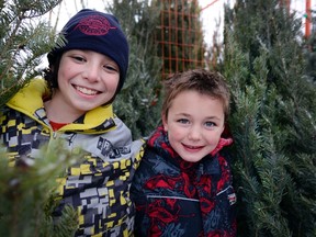 Jonas Weymark-Lang and Brendan Maguire helped to sell trees for the Scouts outside of Rexall Drugs.