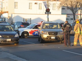 A female pedestrian was hit at about 3.45 p.m. at the intersection of Elgin and Cedar streets in downtown Sudbury.  Gino Donato/The Sudbury Star