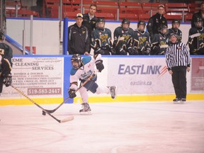 Simcoe's Liam Kohli-Barker lets a slapshot rip from just inside the Twin Centre blue line Wednesday. Kohli-Barker scored for Simcoe in a 6-5 victory at Talbot Gardens. (JEFF DERTINGER Simcoe Reformer)