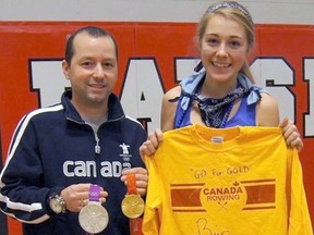 Double Olympic medal winner Brian Price is joined by Maddy Pilon, a junior rower in the new Trenton Rowing and Paddling Club following Price's anti-bullying speech to students at Bayside Secondary School recently.