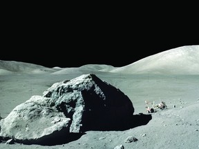 Submitted photo
Apollo 17 was the last manned landing on the Moon. Gene Cernan and Harrison Schmitt spent three days on the lunar surface in December, 1972. In this photo, Dr. Schmitt explores a boulder near the South Massif of the Taurus-Littrow.