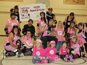 The Rebel With Claws derby team players and coaches . Top row (l-r): Al Carriere, Ray Froud, Earl Landers; middle row (l-r): Laura Labelle, Jeff Latham, Monique Bellaire, Kenny Harrison, Chanelle Charest, Roxanne Ross, Christine Lajoie; Bottom row (l-r) Brandi Pollari, Christine Froud, Tracy Lalonde.