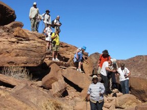 Our Khoisan guide led us on a bit of a scramble through the rocks to reach the rock art sites in Namibia's first UNESCO World Heritage site, near Tyfelfontein.