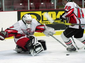 St. Thomas Aquinas keeper Ben Dennis kicks out a pad in the second period of the Saints’ 7-1 win over the Red Lake Rams at the Kenora Recreation Centre Wednesday. The win lifted the Saints to 3-1 on the season. 
GARETT WILLIAMS/Daily Miner and News
